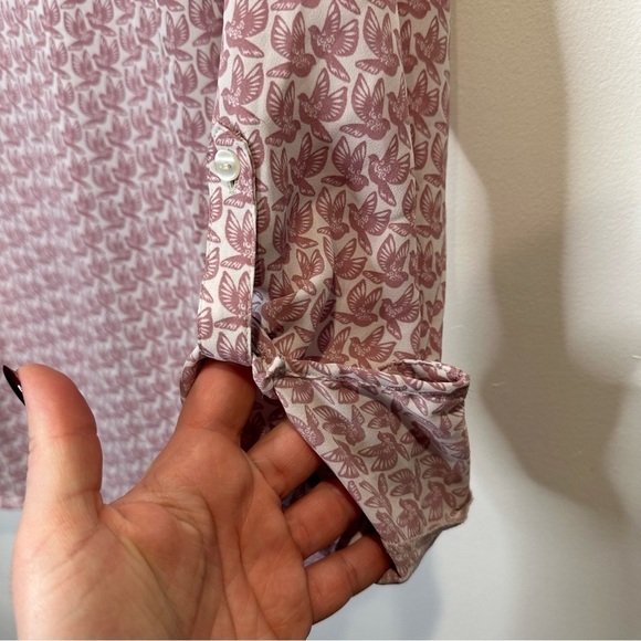 Ann Taylor Long-sleeve Mauve Pink Cream Bird Print Flowy Blouse Size Medium - Picture 5 of 9